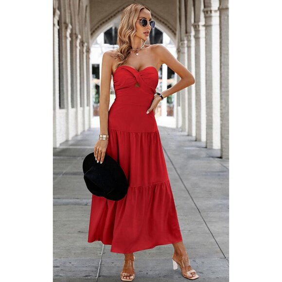 Women's Summer Strapless Maxi Dress Lightweight Off Shoulder Smocked Casual - Picture 7 of 8